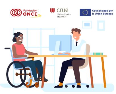 dos estudiantes, uno con equipo informático y una con silla de ruedas