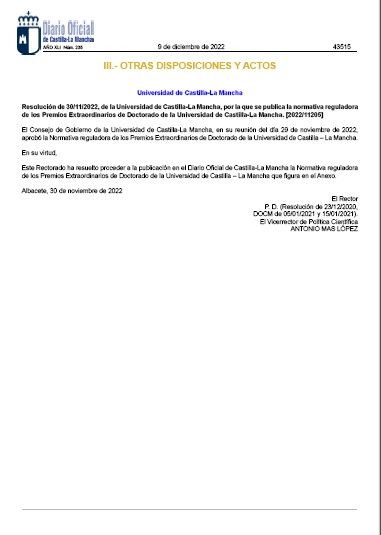 Normativa reguladora de los Premios Extraordinarios de Doctorado de la Universidad de Castilla-La Mancha