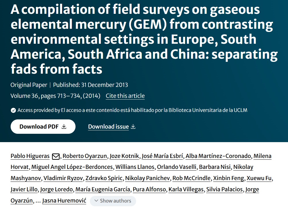Compilación de prospecciones de campo sobre mercurio elemental gaseoso (GEM) en entornos ambientales contrastados de Europa, Sudamérica, Sudáfrica y China: diferenciando modas de hechos