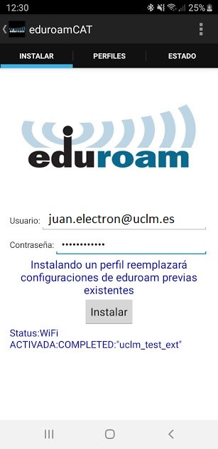 Pantalla de solicitud de usuario y contraseña para la instalación de eduroamCAT UCLM
