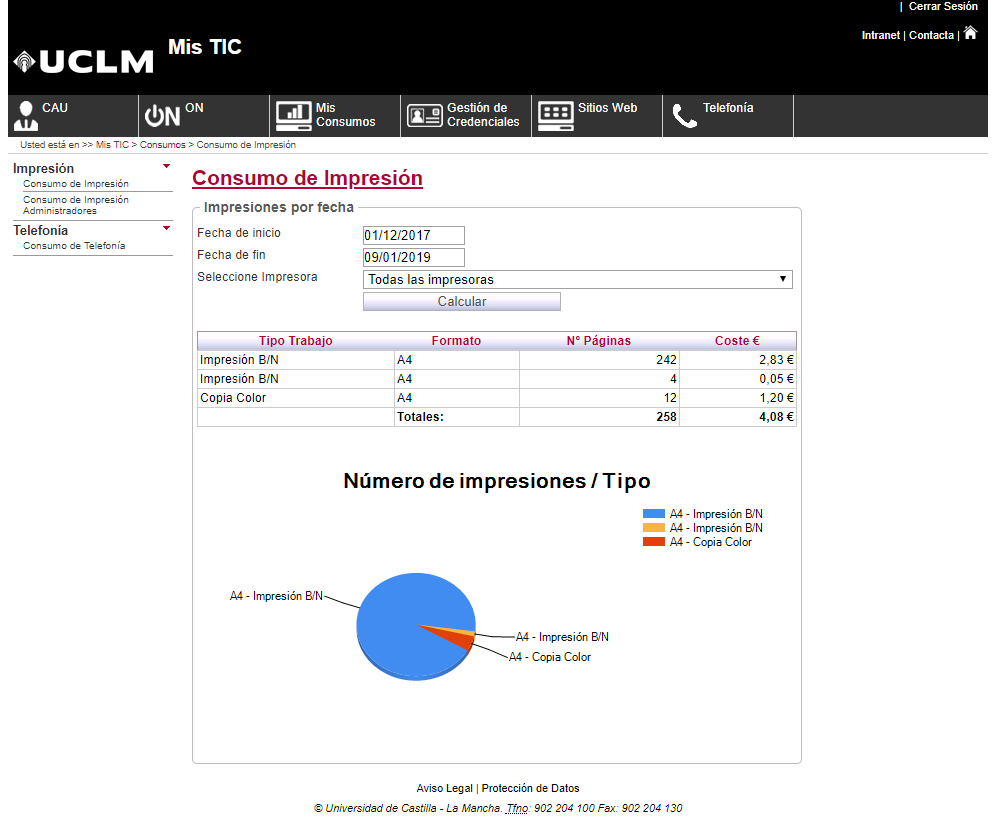 Pantalla resultados sobre tipos de trabajos, formato e impresiones
