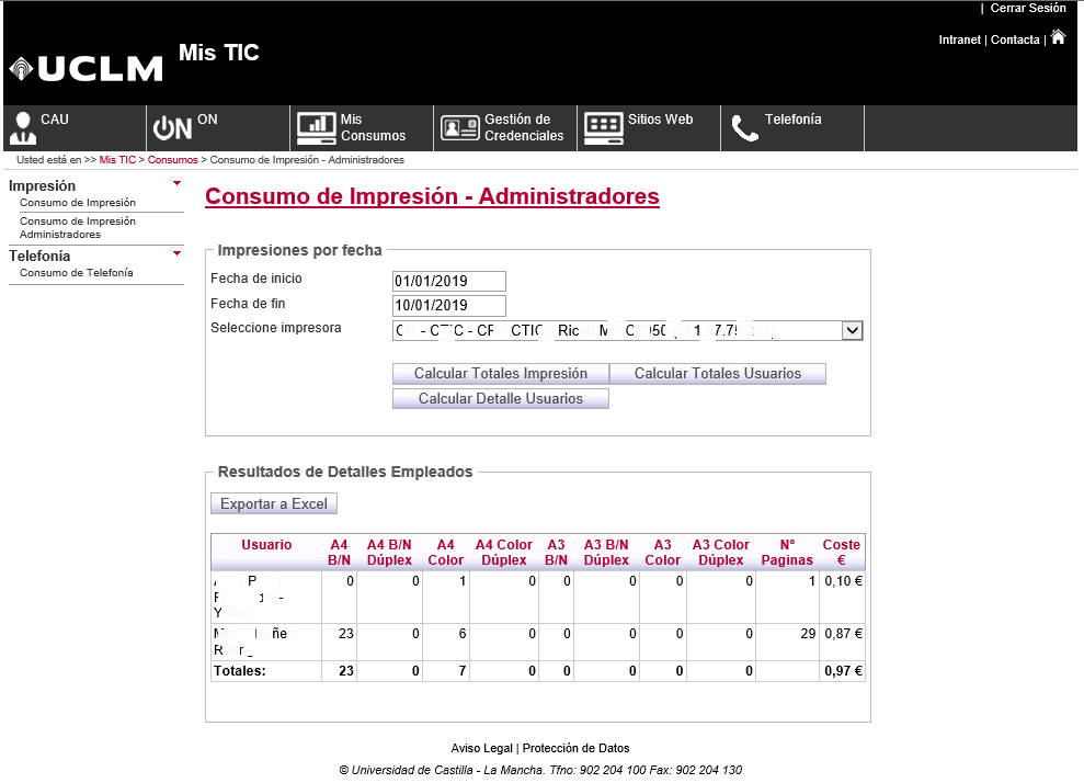 Pantalla de usuarios que han impreso en los distintos formatos