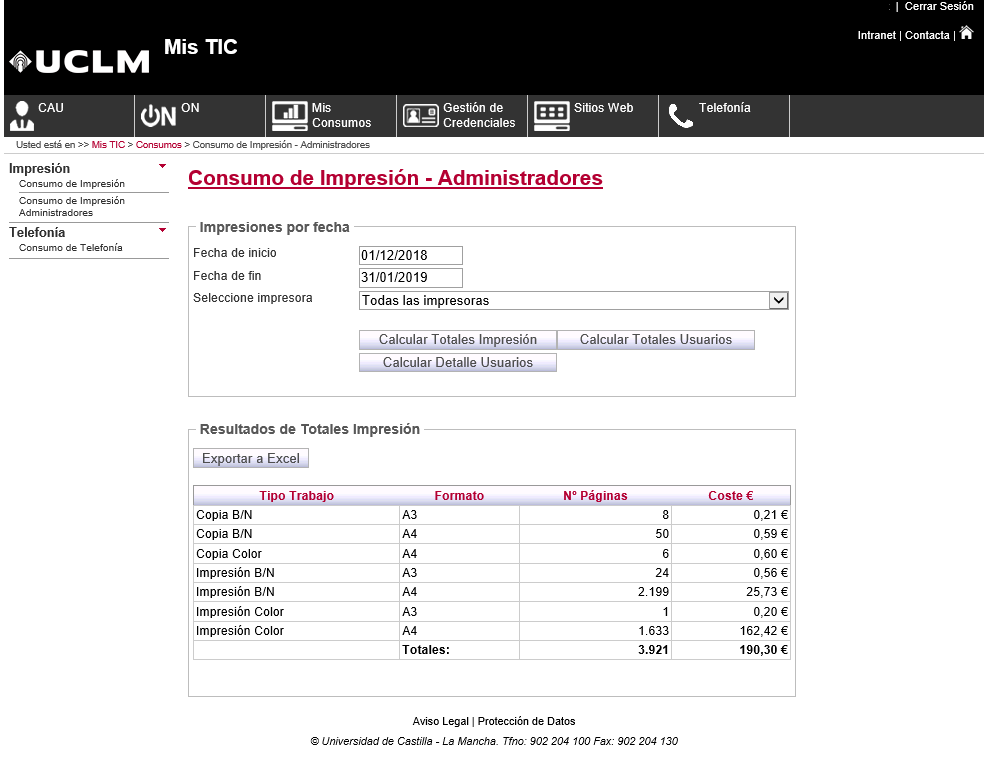 Pantalla de resultados según el tipo de trabajo y formato