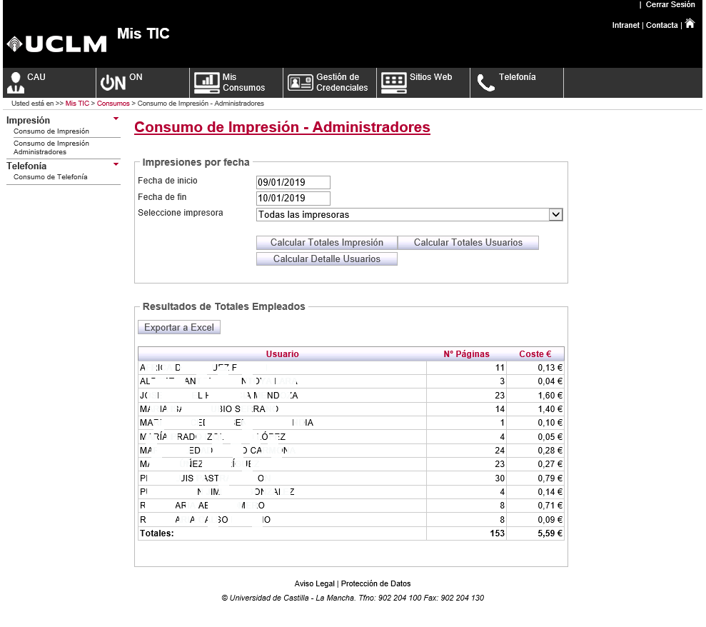 Pantalla de resultados según usuarios