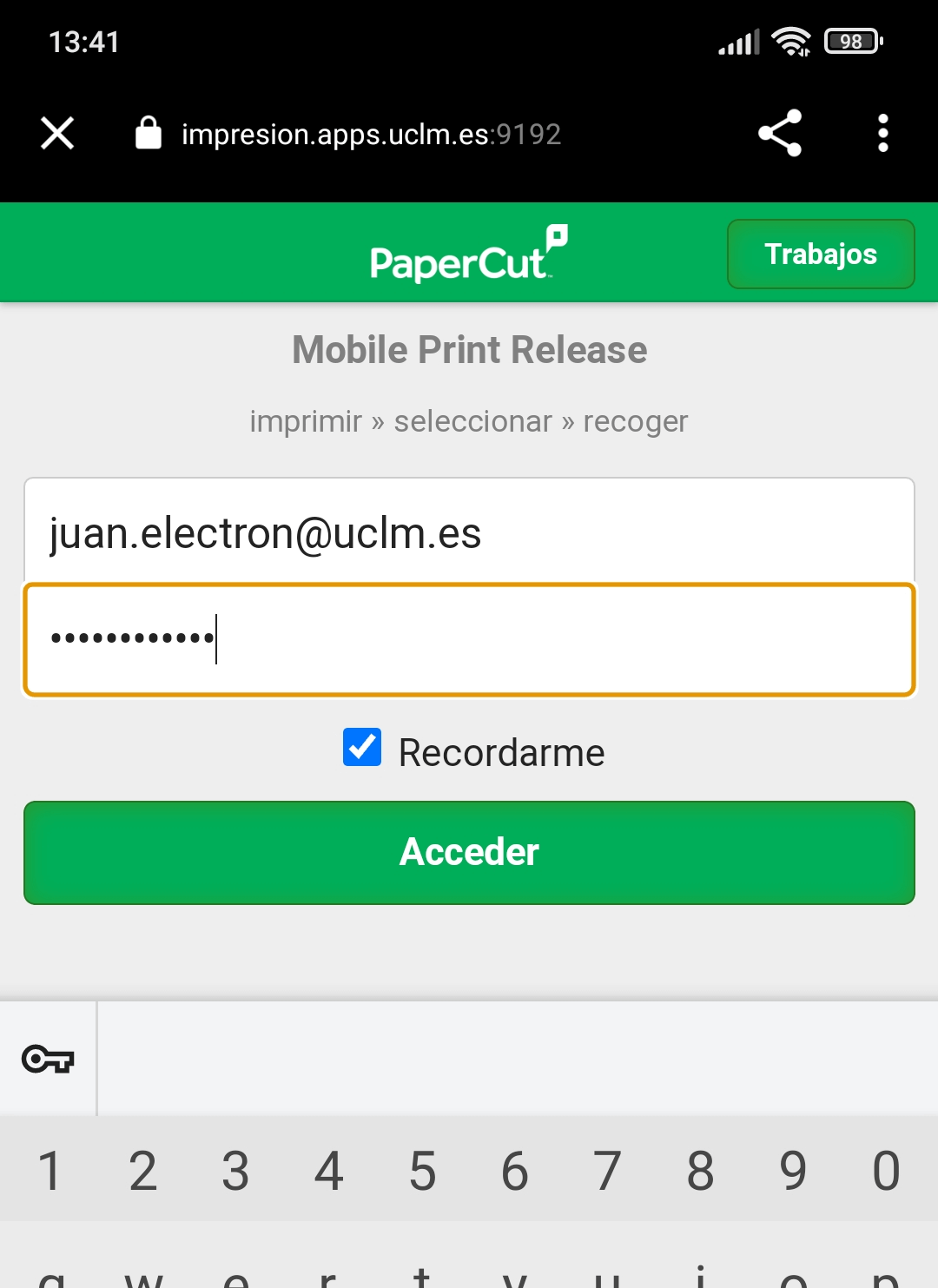 Pantalla de identificación de usuario en aplicación PaperCUT