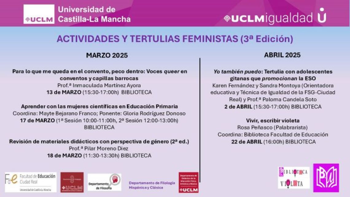 Cartel violeta con la información de las distintas actividades programadas