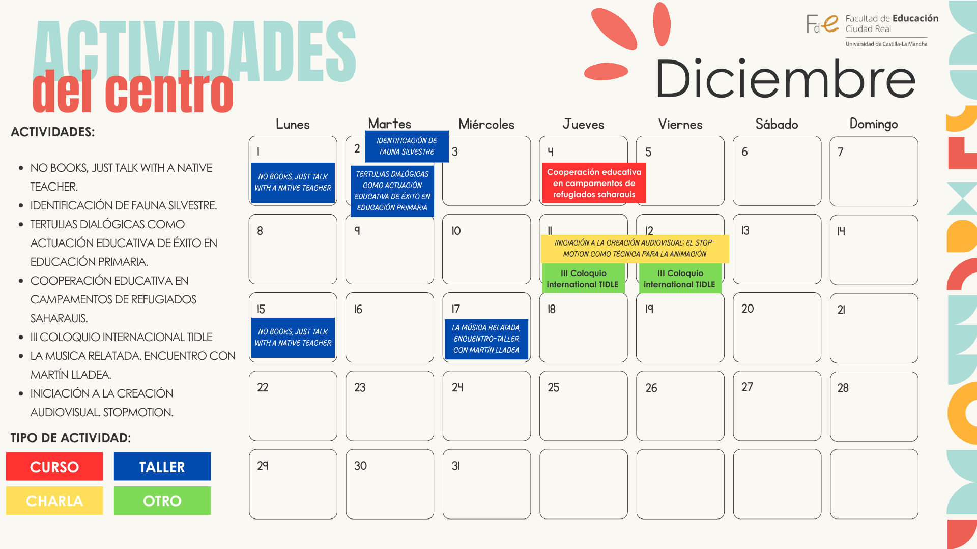 CALENDARIO CON LAS ACTIVIDADES DEL MES D